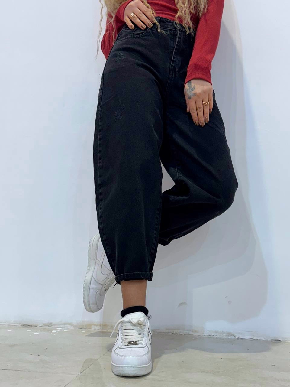 شلوارجین زنانه مدل بالونی ذغالی تیره